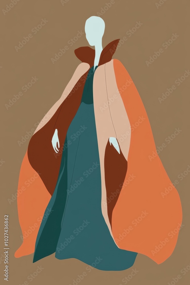 Sticker Stylized Fashion Illustration: Elegant Dress with Bold Color Palette and Flowing Cape Design for Fashion Marketing