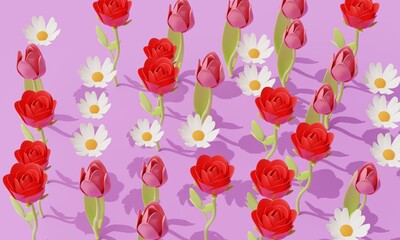 Field with flowers of chamomile, roses and tulips on a lilac background. 3d rendering 