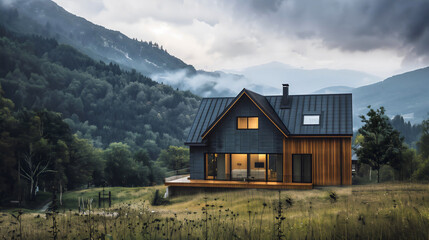 Obraz premium Design of a mountain house of bricks and wood, black steel, glass