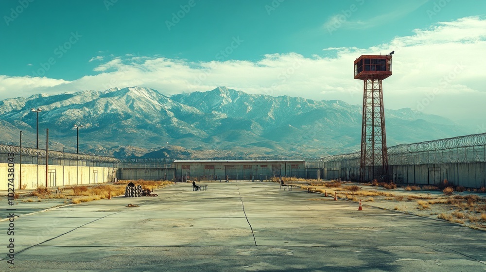 Poster A desolate, empty lot with a tall tower in the background