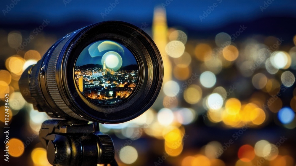 Aufkleber camera lens capturing a nighttime cityscape with bokeh background