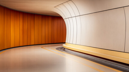 Obraz premium Modern interior design featuring curving walls and warm colors in an urban setting