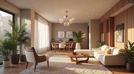 Charming living room with elegant decor and abundant greenery, bright and inviting atmosphere
