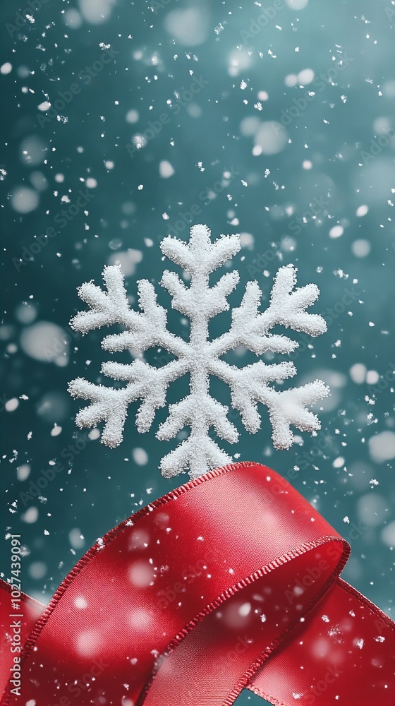 Poster a large white snowflake with a red ribbon in front of a teal background with snow falling.