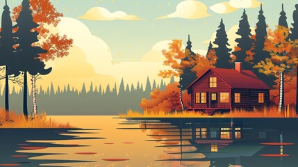 Fototapeta premium A whimsical illustration of a log cabin by a lake in the woods.