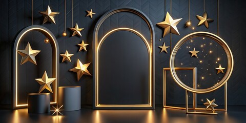 Trendy Y2K Minimalist Ellipse Frames and Dividers with Stars on Dark Background for Modern Design Elements