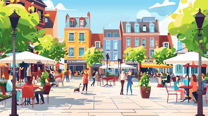 A vibrant illustration of a bustling outdoor cafe scene in a European city.