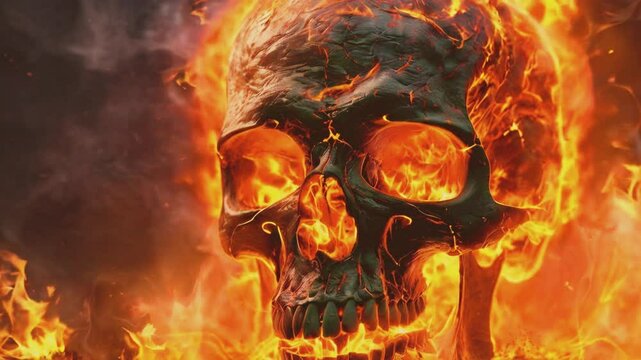 A fiery skull engulfed in flames, representing danger, death, and intense power. The glowing heat and vivid fire bring a sense of destructive energy and dark mystery to the scene.