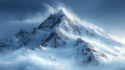 Obraz premium elevated view of a snow-dusted peak piercing through dense clouds at dawn