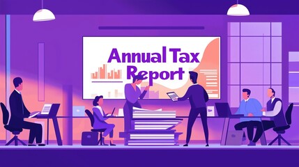 An illustration of a team of professionals working on an annual tax report presentation. A large screen displays the report while individuals collaborate using laptops, tablets, and paper documents