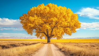 Obraz premium A majestic golden tree dominates a dirt road, surrounded by golden fields under a clear blue sky in autumn