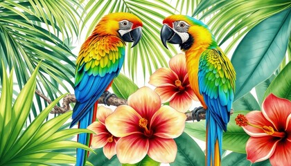 Obraz premium Parrots lovebirds, palm leaves, tropical flowers: turmeric, orchid, hibiscus in watercolor botanical illustration AI Generate