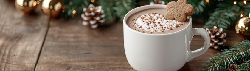 Obraz premium Cozy Holiday Treat - Steaming Hot Chocolate with Gingerbread Cookie Garnish Surrounded by Festive Ornaments and Pine Branches