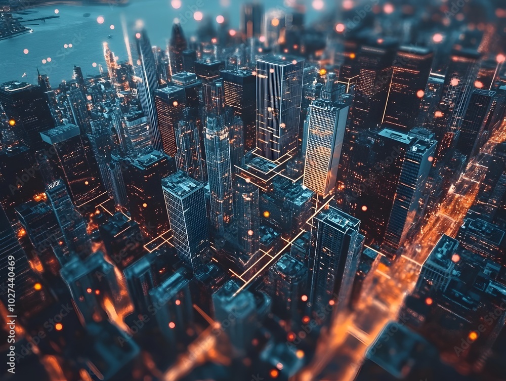 Poster futuristic blockchain powered city skyline symbolizing modernized property transactions