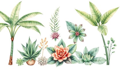 Set of tropical plants: banana palm, succulents, haworthia, monstera leaves on isolated white background AI Generate