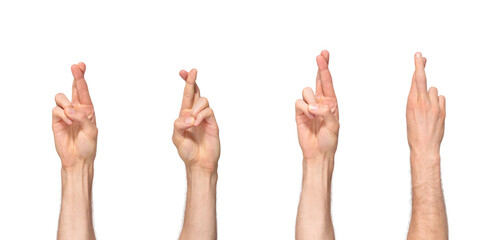 Male fingers crossed, one finger on top of another hoping for good luck, isolated on transparent...