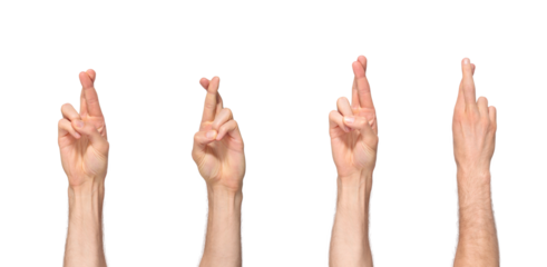 Male fingers crossed, one finger on top of another hoping for good luck, isolated on transparent background, png file