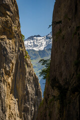 Stunning view inside the Aare Gorge in Hasli valley near Meiringen, Canton Bern, Switzerland. Aare Gorge Aareschlucht is popular tourist attraction