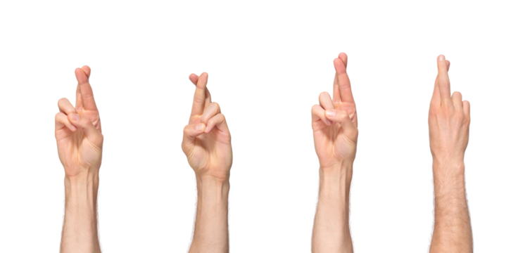 Male fingers crossed, one finger on top of another hoping for good luck, isolated on transparent background, png file
