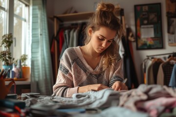 Focused young woman sewing clothes in cozy workshop