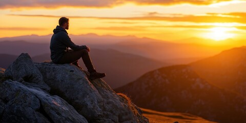 Fototapeta premium A man sits alone on a rocky mountain peak, looking out at a golden sunrise, reflecting solitude and introspection as nature awakens in the background.