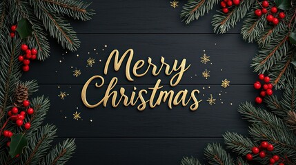 Festive Merry Christmas Calligraphy with Gold Script on Dark Wood Background Surrounded by Pine Branches, Red Berries, and Fairy Lights