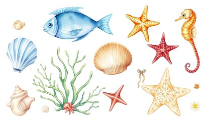 Marine life: seashells, fish, algae, seahorse, starfish on isolated white background, watercolor illustration AI Generate
