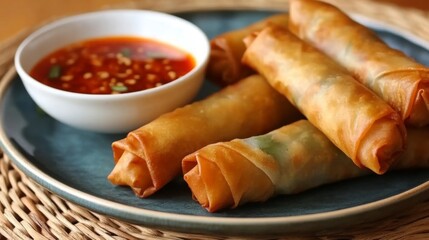 Close up of crispy golden fried spring rolls on a blue plate with a small bowl of dipping sauce.
