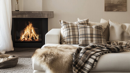 Beige sofa opposite the fireplace. Scandinavian interior design of a modern living room