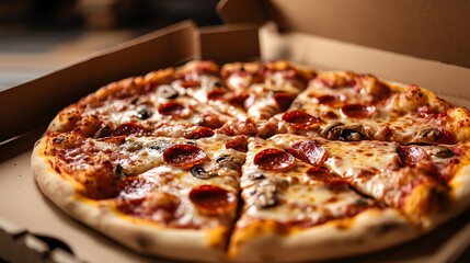 A delicious pepperoni pizza with melted cheese and mushrooms sits in a cardboard box. The pizza is ready to be eaten and looks very appetizing.