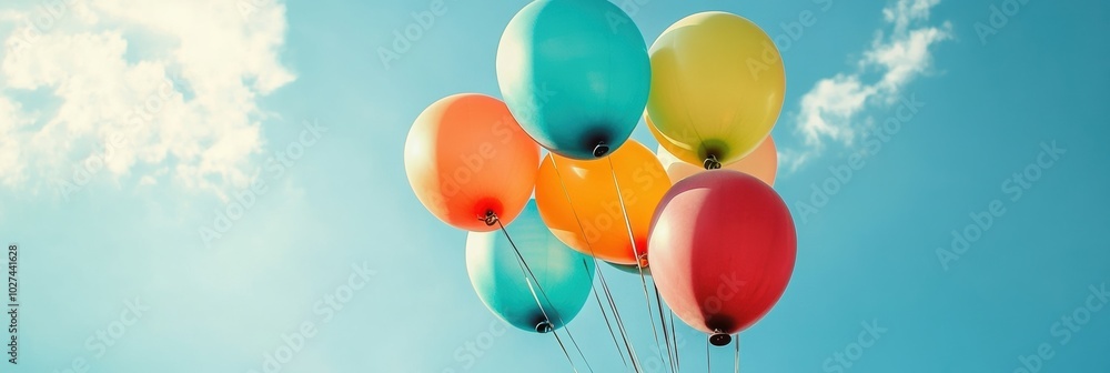 Poster a vibrant cluster of balloons ascends into a clear blue sky, creating a cheerful atmosphere on a sun
