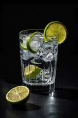A crisp gin and tonic with lime wedges, set against a black background