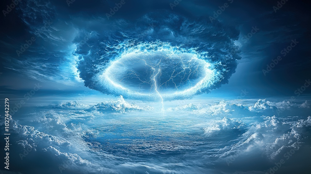 Poster a dramatic picture of a storm over the ocean, demonstrating the powerful forces of nature that shape
