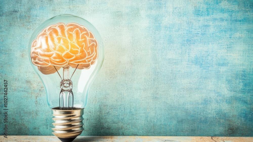 Poster light bulb with brain inside on a blue background