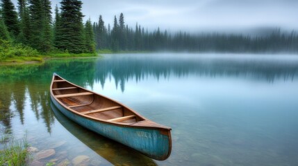 Obraz premium A Canoe on a Still Lake in a Foggy Forest