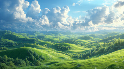 Fototapeta premium lush green hills under a vast sky with dynamic cloud formations in a peaceful countryside