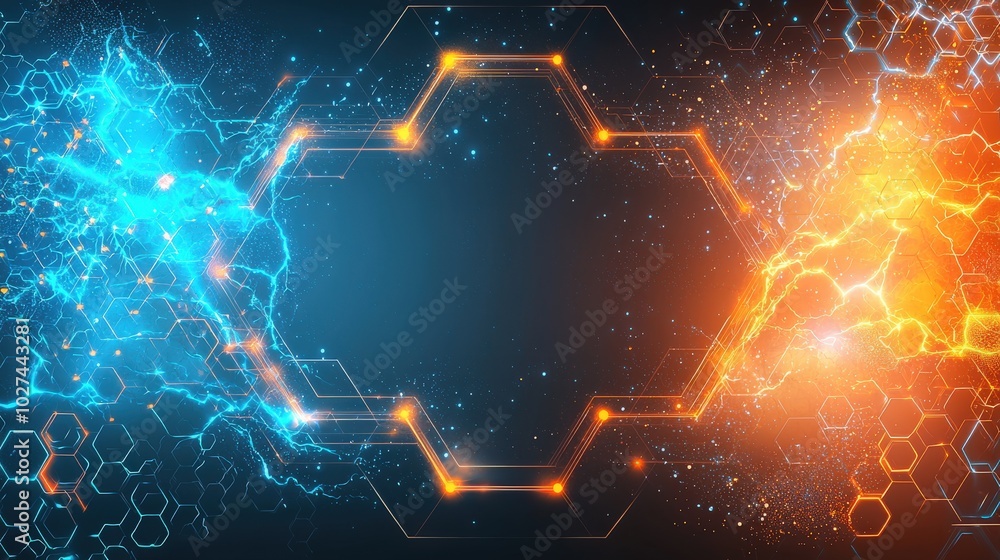 Poster chaotic arrangement of hexagons, glowing in a futuristic digital grid with empty spaces between, cre