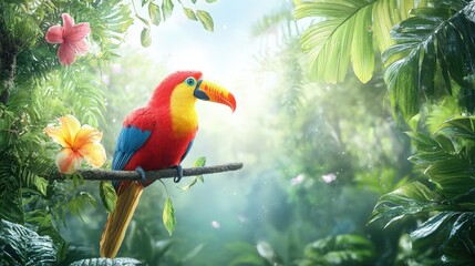 A colorful toucan resting on a branch amidst the thick greenery of the   jungle, its bright plumage a striking contrast to the deep forest hues.