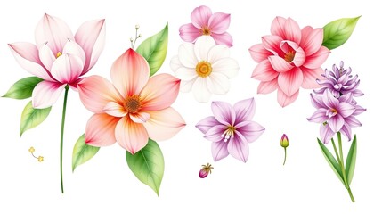 Obraz premium Set of watercolor flowers: magnolia, camellia, amaryllis, hyacinth, ranunculus on white background AI Generate