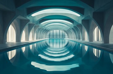 Obraz premium A spacious indoor pool features arched ceilings and calm waters reflecting light, creating a peaceful atmosphere for relaxation