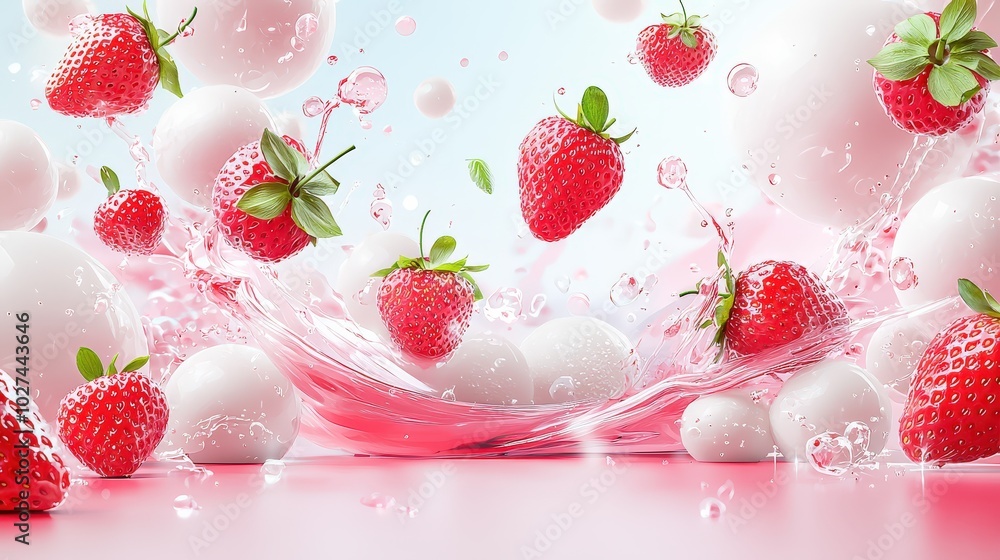 Poster bright and lively background image featuring strawberries with soft, flowing sculptures in dynamic f