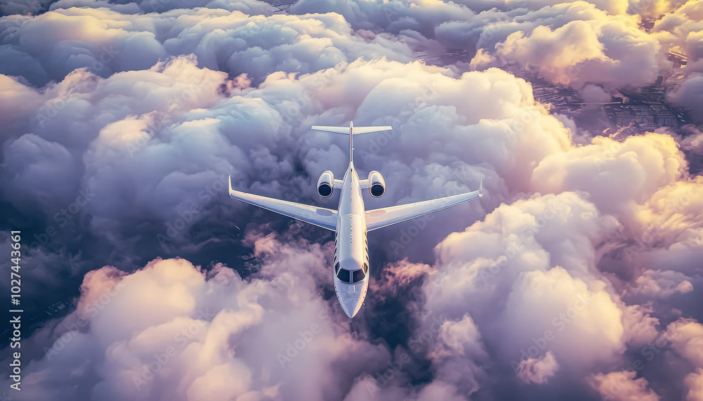 Poster white jet plane is flying through a cloudy sky. the clouds are white and fluffy, and the plane is th