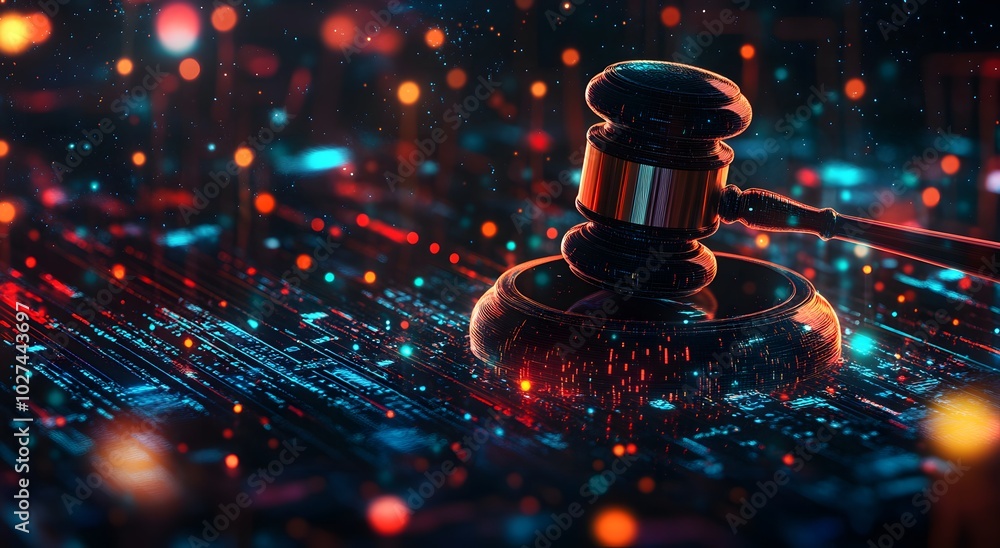 Poster a goblet on digital data representing the court system in cyber law. the background is dark with bri