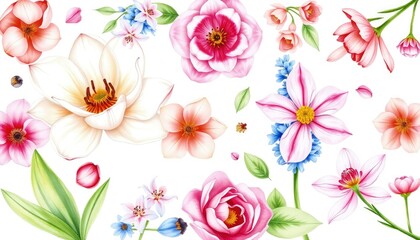 Set of watercolor flowers: magnolia, camellia, amaryllis, hyacinth, ranunculus on white background AI Generate