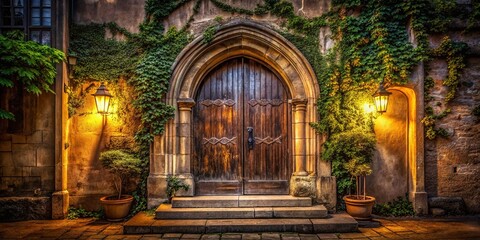 Fototapeta premium Vintage Style Photography of a Heavy Wooden Door on a Faded Facade of a Protestant Church