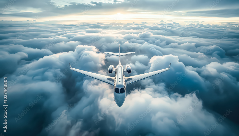 Poster white jet plane is flying through a cloudy sky. the clouds are white and fluffy, and the plane is th