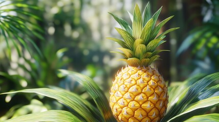 Fototapeta premium A close-up of a ripe pineapple with its golden skin and sharp leaves.
