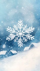 A large snowflake falls over a snowy village, casting a magical winter wonderland feeling.