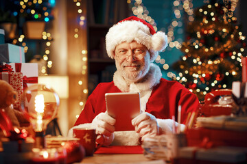 Happy Santa Claus using a digital tablet at home
