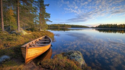 Obraz premium Wooden Rowboat on the Shore of a Calm Forest Lake